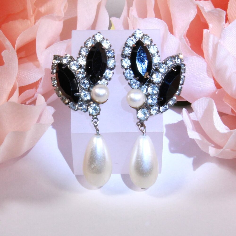 Vintage Silver-Tone Black & Clear Rhinestone Imitation Pearl Drop Earrings